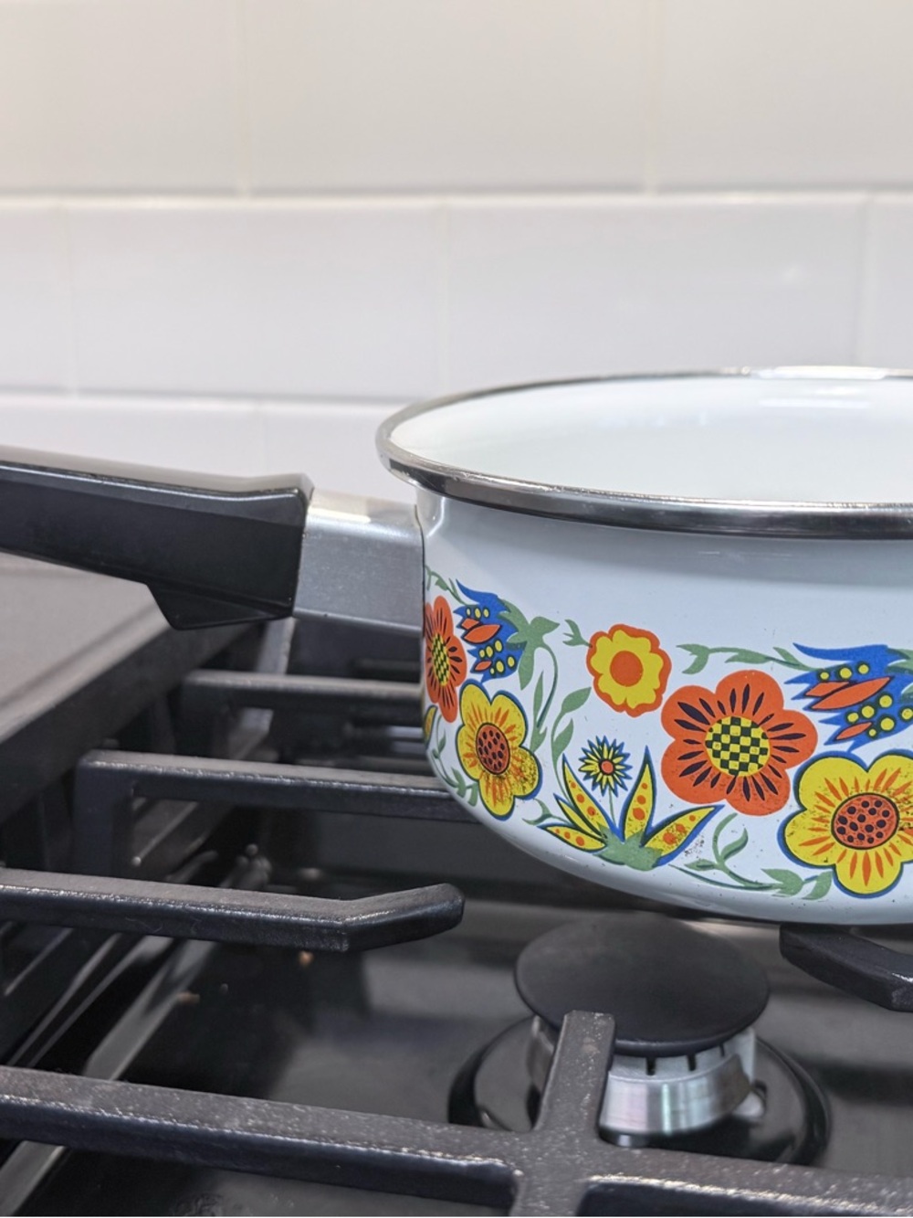 Vintage 70’s Enamel Floral Saucepan - White with Orange & Yellow Floral Pattern